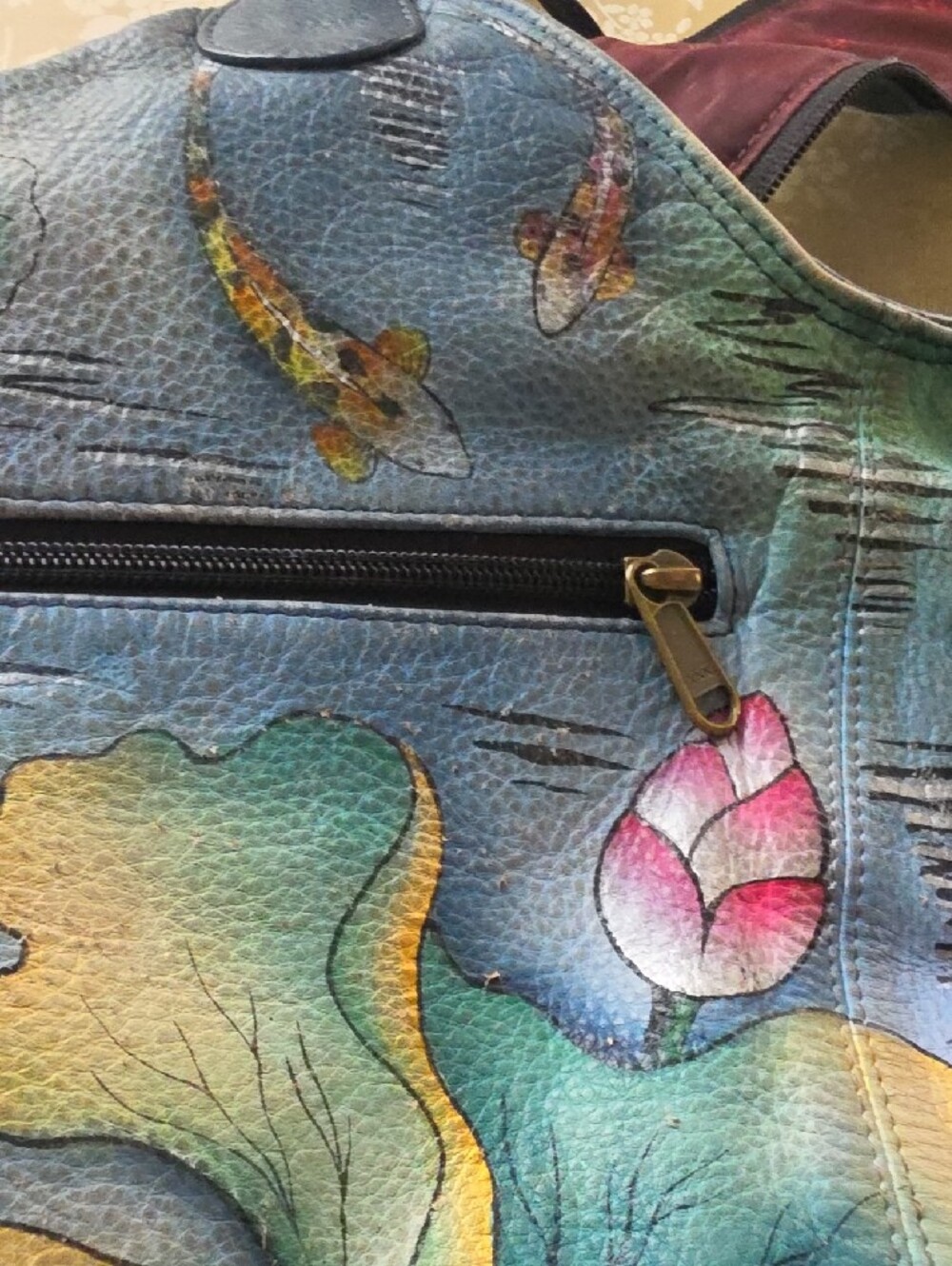 Hand-Painted Blue Floral Lotus Shoulder Bag.KOI FISH - Picture 13 of 13